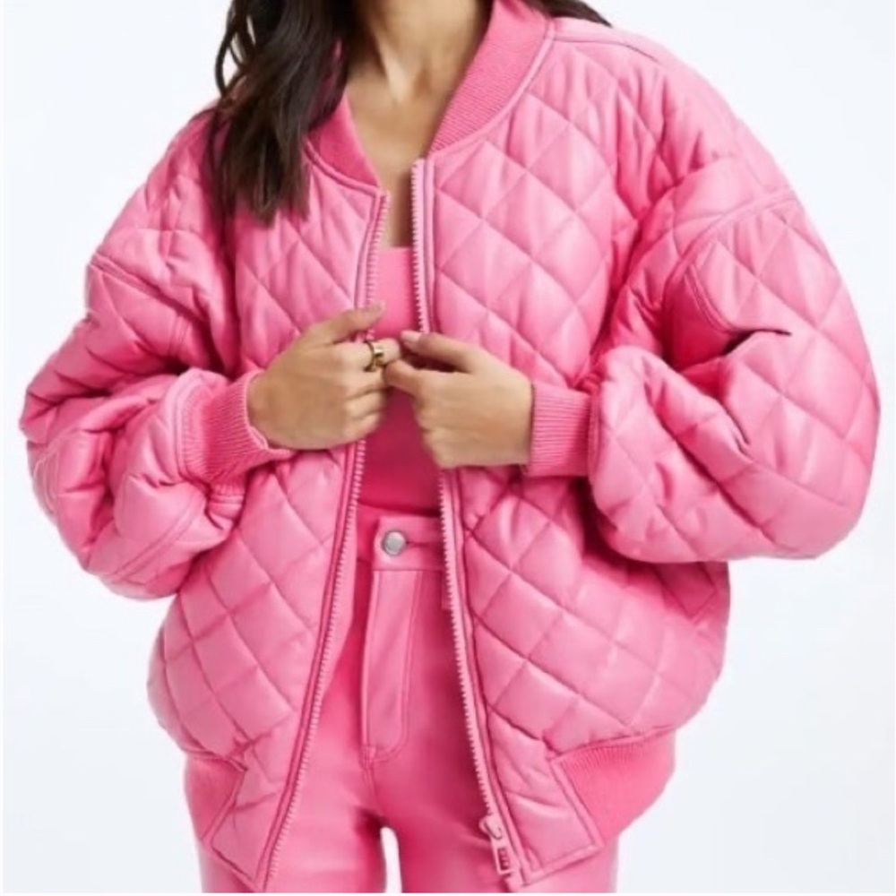 Good American Better than Leather Barbie Pink Bomber Jacket rent the runway